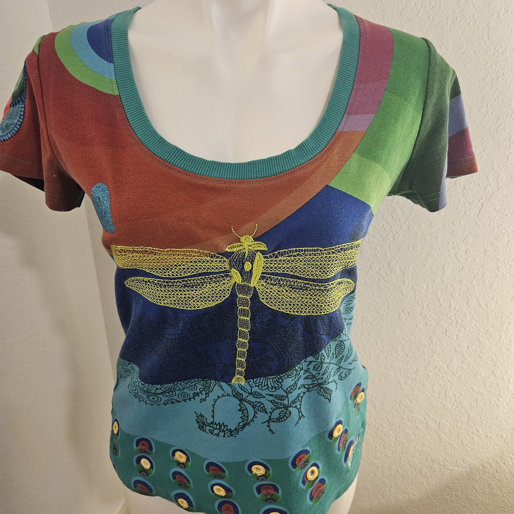 Desigual Graphic Blue and Brown Fitted Tee